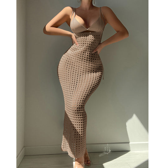 Damen figurbetontes Häkelkleid mit transparentem Design EB