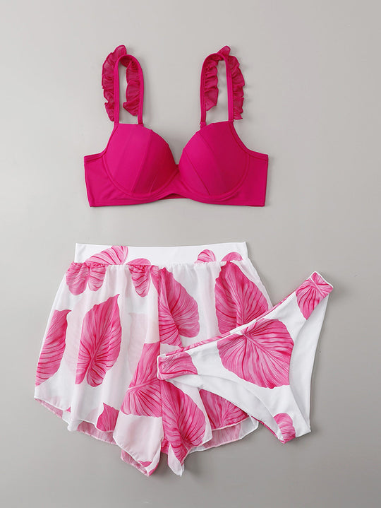 Damen Zweiteiliges Strand-Set mit floralem Design und Rüschendetails EB