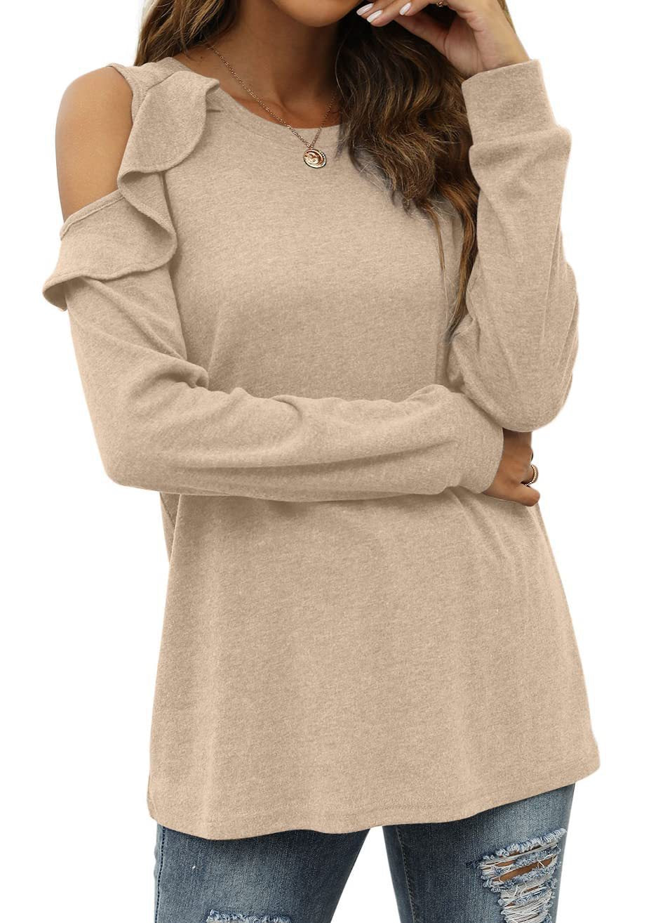Damen Elegantes Langarmoberteil mit Rüschendetails und Kalt-Schulter Design EB