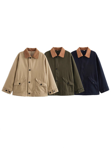 Damen lässige Übergangsjacke mit cordartigem Kragen und praktischen Taschen EB