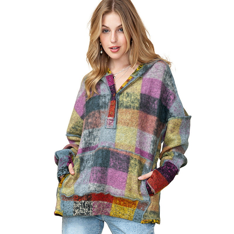 Damen lässiger Block-Check Pullover mit Kapuze und praktischen Taschen EB