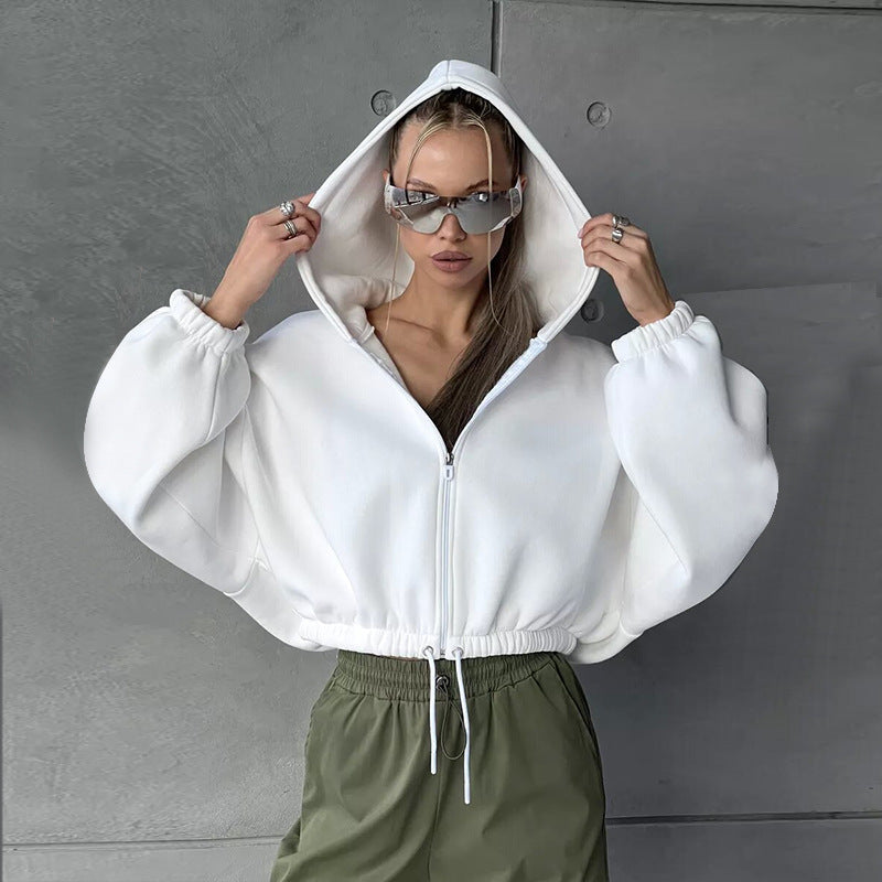 Damen kurze Kapuzenjacke mit Tunnelzugbund, Ballonärmeln und halbhohem Reißverschluss EB