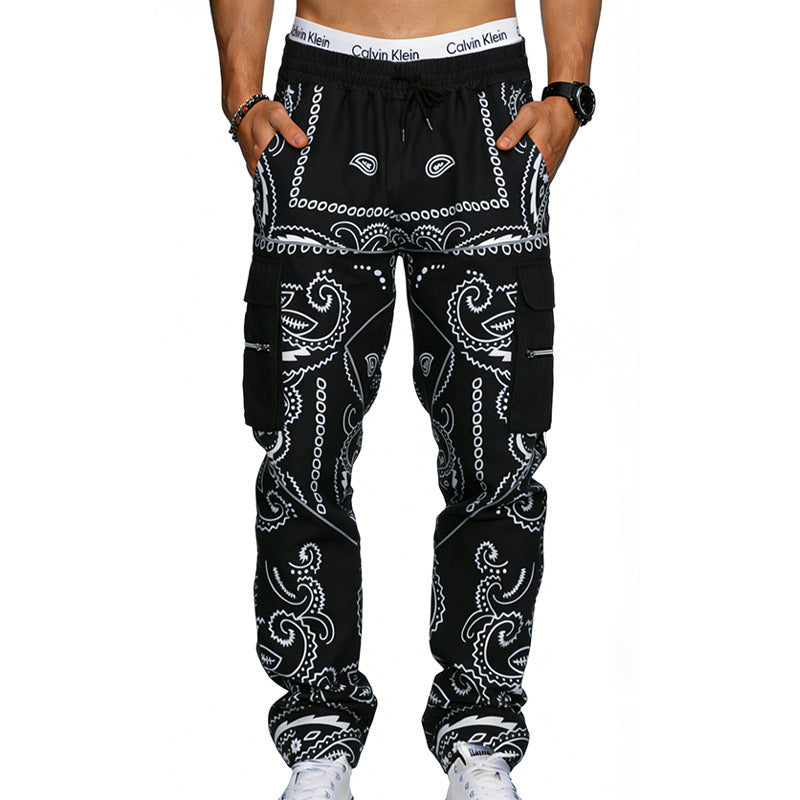 Herren Cargo-Hose mit Bandana-Print, elastischem Bund und Zipper-Taschen EB