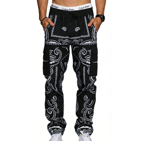 Herren Cargo-Hose mit Bandana-Print, elastischem Bund und Zipper-Taschen EB
