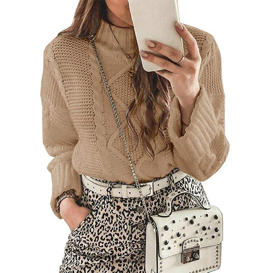 Damen modischer Strickpullover mit eleganten Zopfmustern und leichtem Rollkragen EB