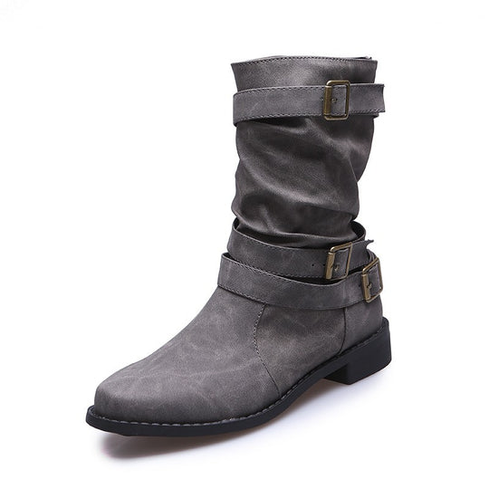 Damen modische Stiefeletten mit stylishen Schnallen und raffiniertem Falten-Design EB