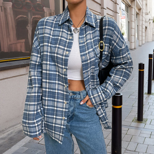 Damen karierte Baumwollbluse im lässigen Schnitt mit Knopfdetails EB