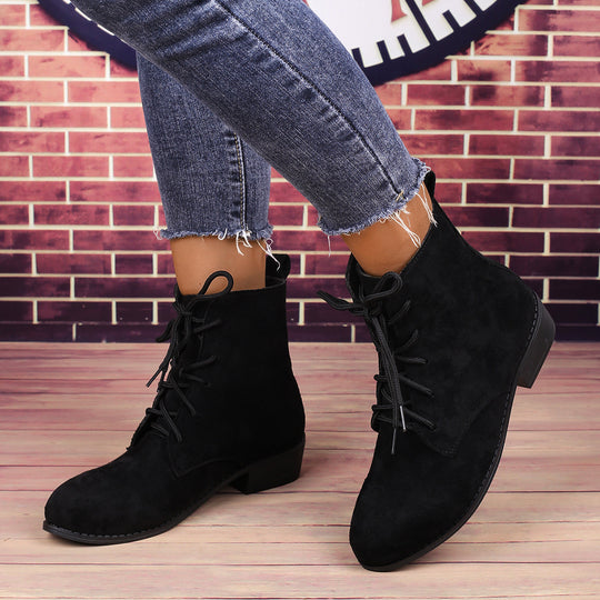 Damen nan knöchelhohe Schnürstiefelette mit soften Veloursoptik, praktischer Zugschlaufe und niedrigem Blockabsatz EB