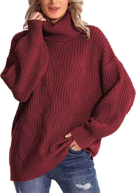 Damen Grobstrickpullover mit hohem Kragen und strukturiertem Zopfmuster EB