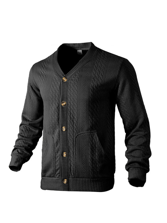 Herren nan eleganter Zopfstrickcardigan mit V-Ausschnitt Knopfleiste und aufgesetzten Taschen EB