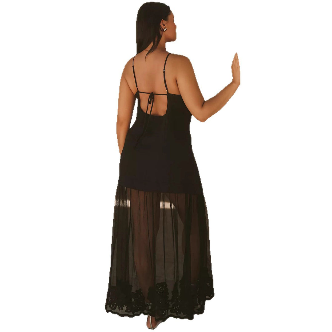 Damen nan Lagenmaxikleid mit kurzem Innenkleid und transparentem Tüll-Überrock, V-Ausschnitt und feinen Spaghettiträgern EB