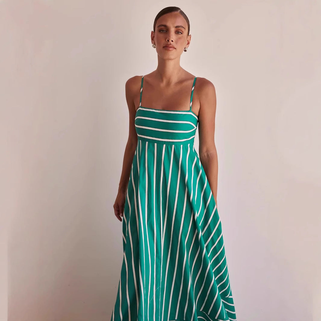 Damen Langarm Maxikleid mit elegantem Streifenmuster und fließendem Schnitt EB