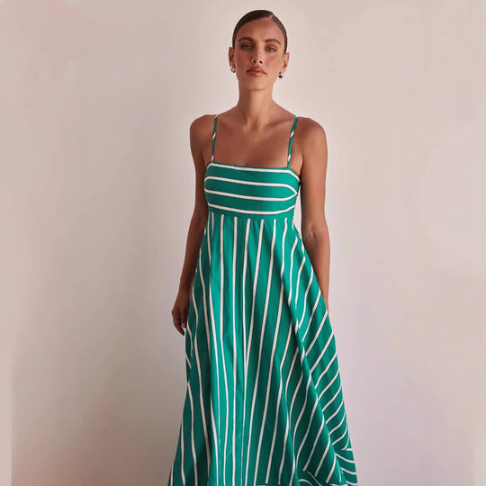 Damen Langarm Maxikleid mit elegantem Streifenmuster und fließendem Schnitt EB