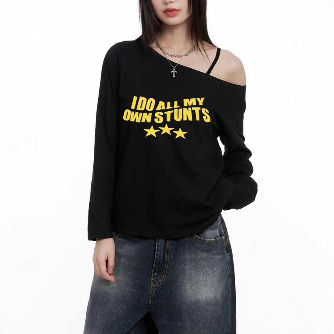 Damen nan lässiges asymmetrisches Off-Shoulder Langarmshirt mit auffälligem Statement-Print und lockerer Oversize-Passform EB