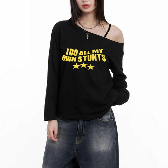 Damen nan lässiges asymmetrisches Off-Shoulder Langarmshirt mit auffälligem Statement-Print und lockerer Oversize-Passform EB