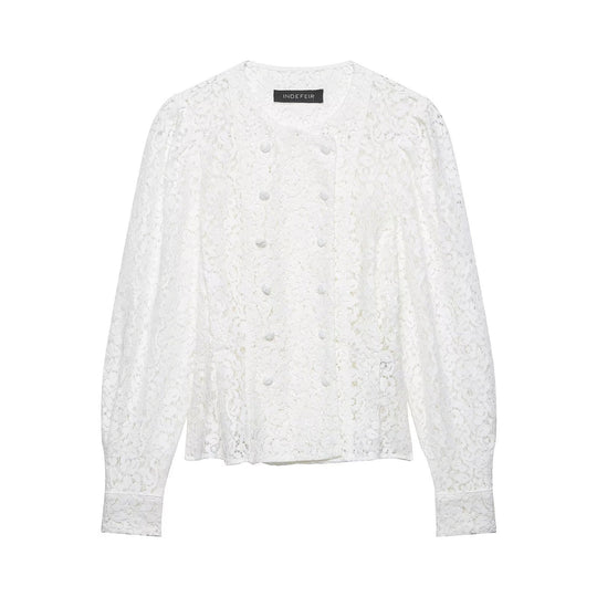 Damen Spitzenbluse mit dekorativen Knöpfen und eleganter Passform EB