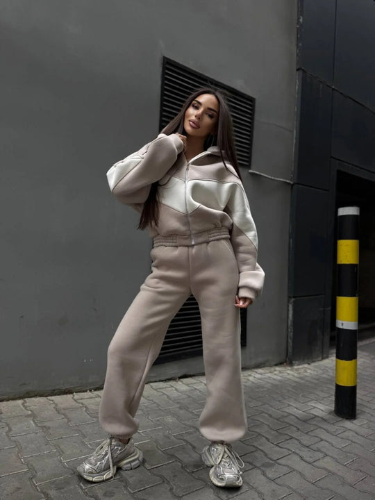 Damen Athleisure-Zweiteiler aus schwerem Neopren-Fleece mit geometrischen Teilungsnähten und hoher Taille EB