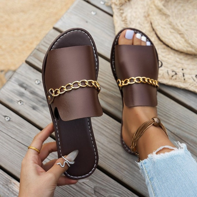 Damen modische Slides mit goldener Kettenverzierung EB