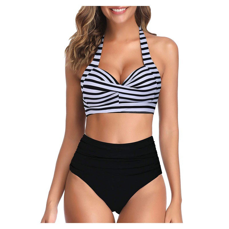 Damen Hochtaillierter Karobikini mit gerafftem Oberteil EB