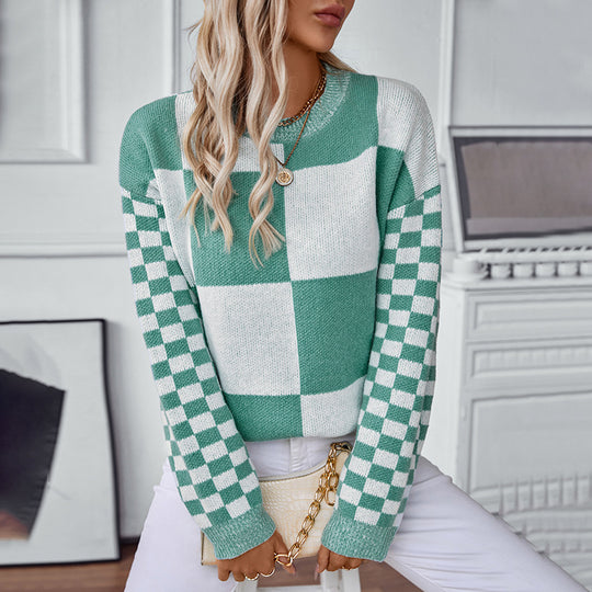 Damen modischer Pullover mit Karomuster und lässigem Schnitt EB