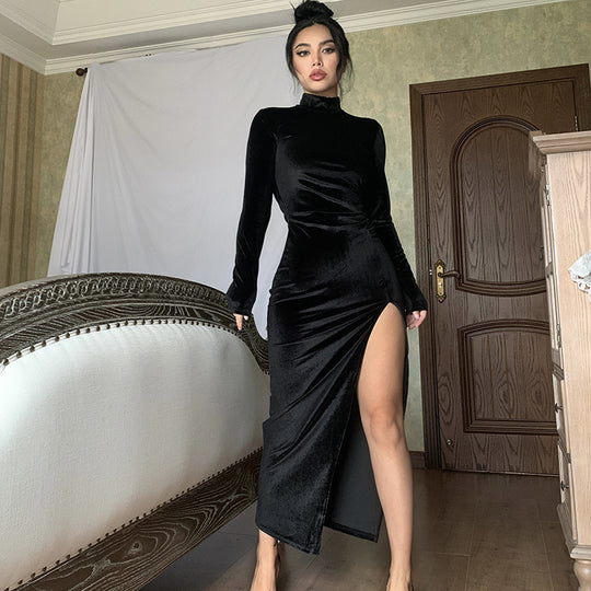 Damen Elegantes Langarm-Wickelkleid aus weichem Veloursstoff mit hohem Schlitz EB