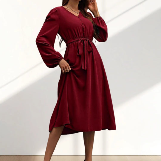 Damen Midikleid mit Taillengürtel und Knopfdetails EB