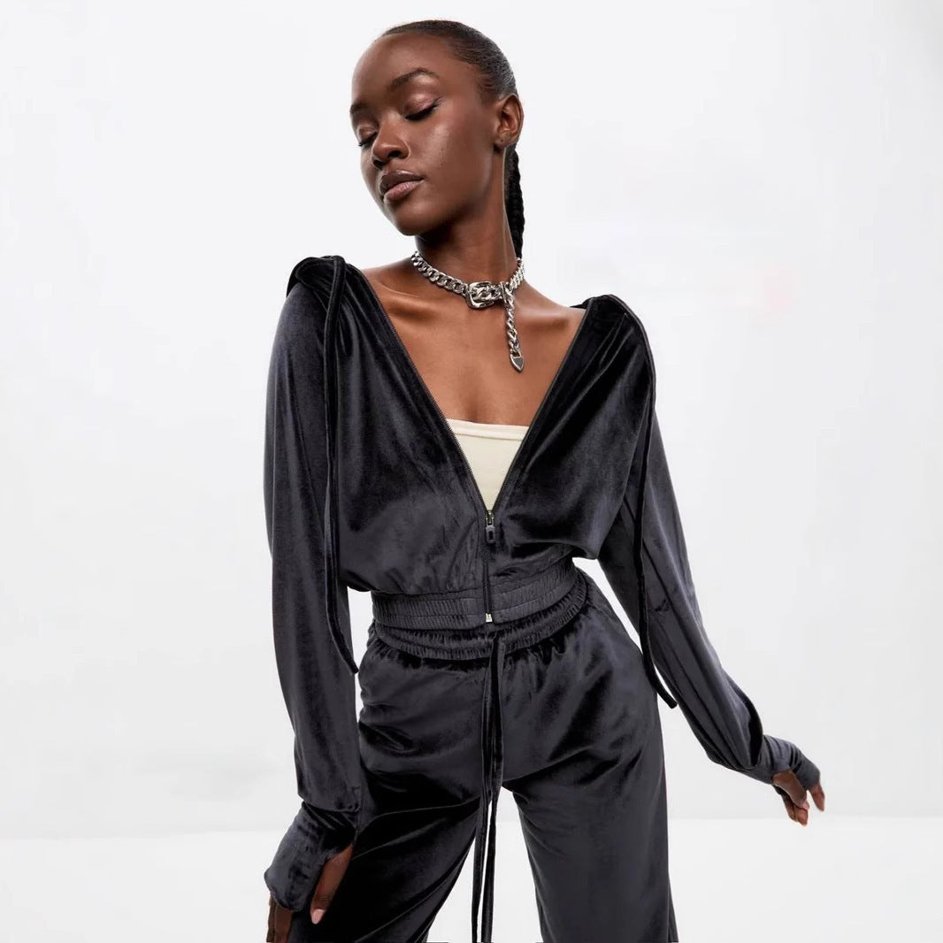 Damen Velours-Cropped-Hoodie und High-Waist Palazzo-Jogginghose Set EB