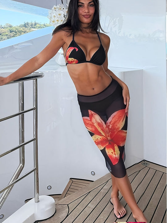 Damen Bikini-Set mit floralem Rock und Triangel-Oberteil EB