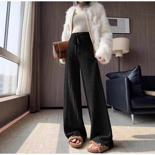 Damen Weit geschnittene Leinenhose mit elastischem Bund und gestreiftem Design EB
