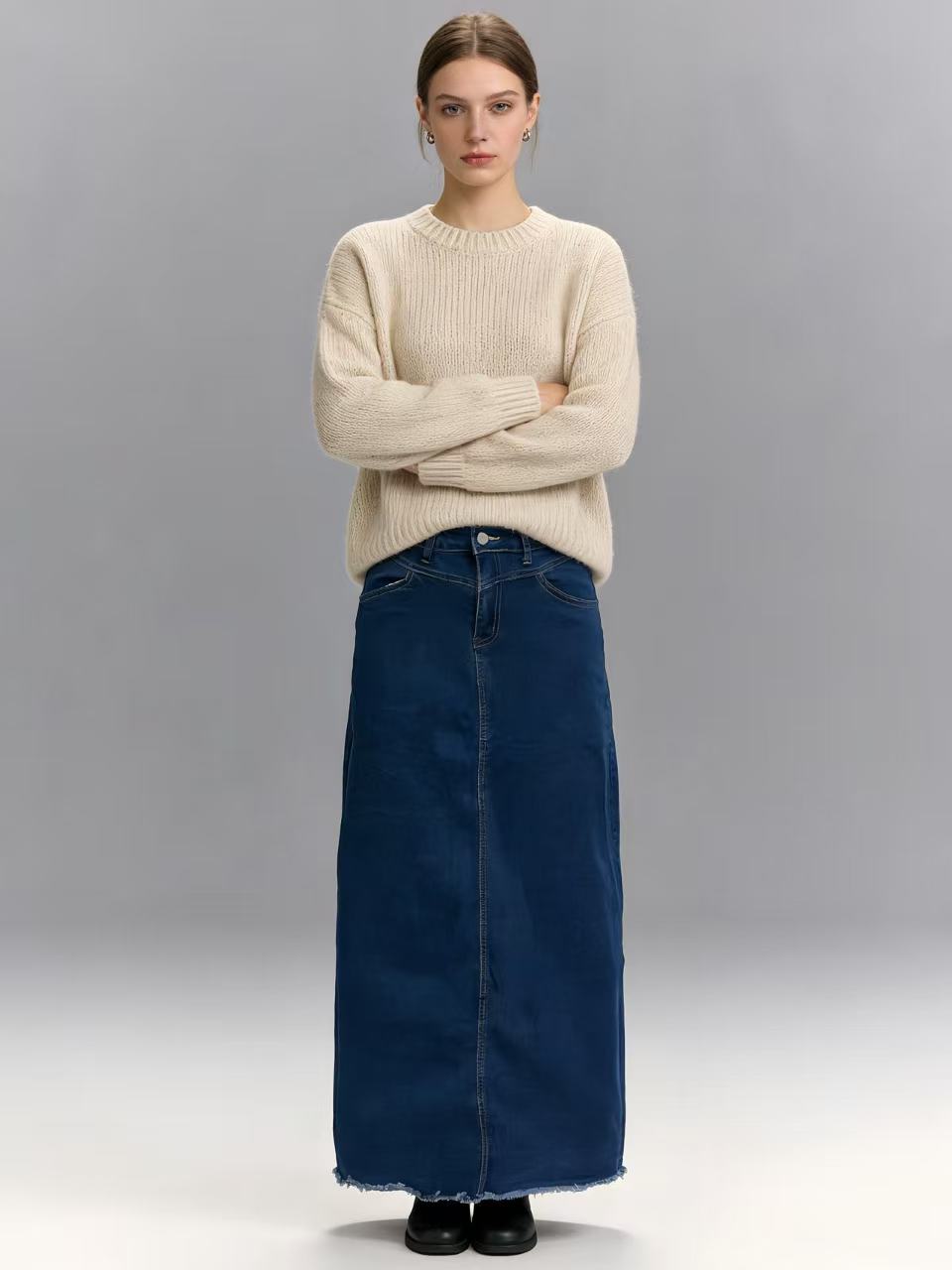 Damen nan langer High-Waist Denim-Maxirock mit gerader Silhouette und rohem Saum EB