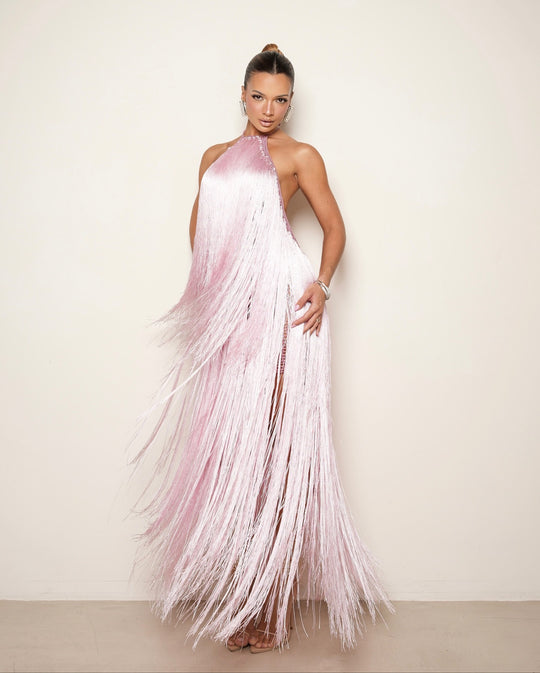 Damen Fransen Maxikleid mit hochgeschlossenem Design und schimmernden Effekten EB