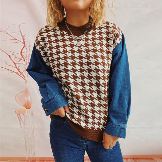 Damen Strickpullover im modernen Hahnentrittmuster mit lässigen Denim-Ärmeln EB