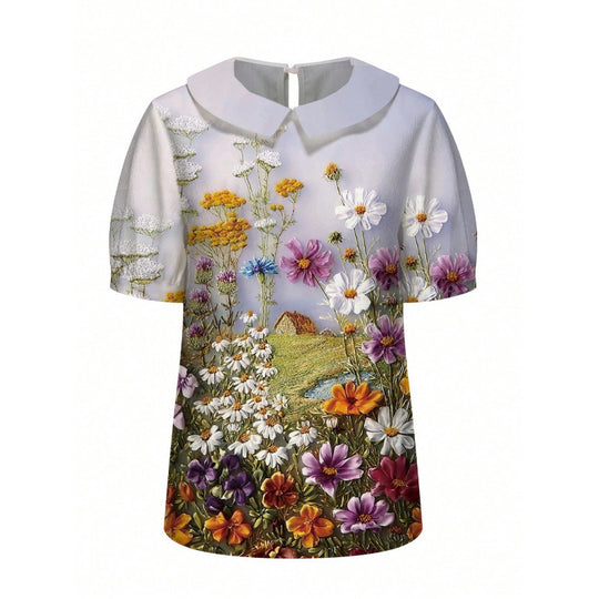 Damen Kurzarmbluse mit floralen Akzenten und klassischem Kragen EB