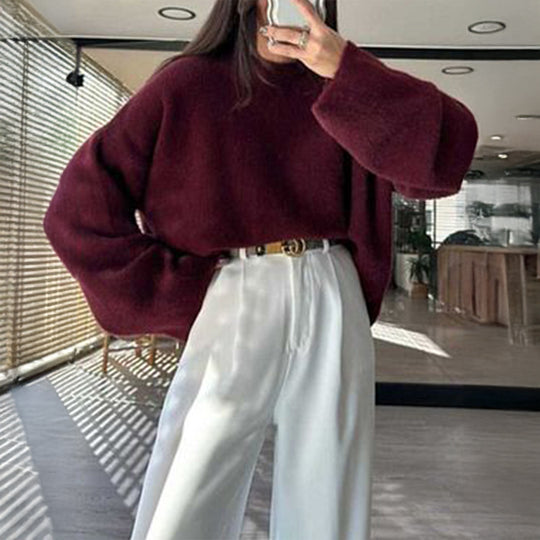 Damen nan kuscheliger Oversize-Strickpullover mit Rundhalsausschnitt und voluminösen Ballonärmeln EB