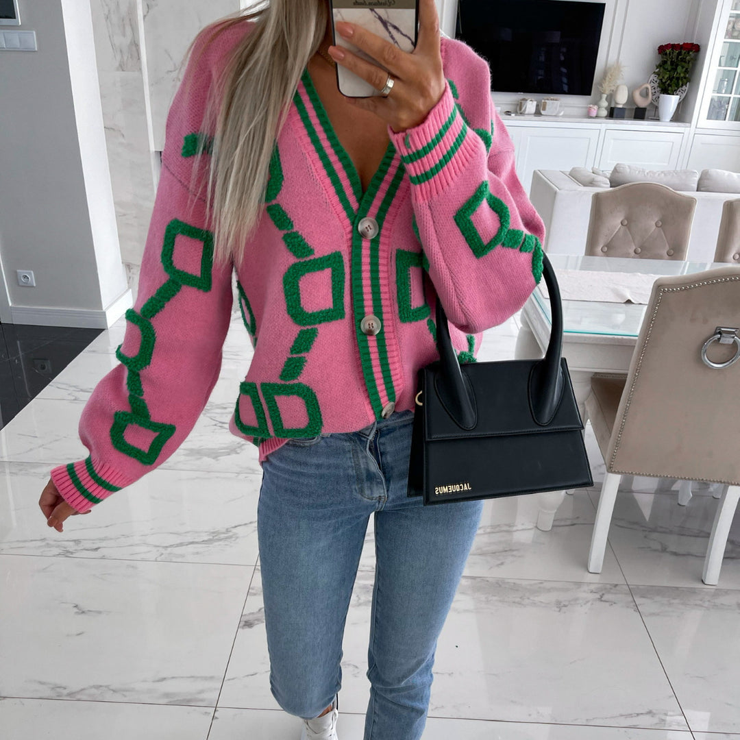Damen Grobstrick-Cardigan mit 3D-Strukturmotiv, V‑Ausschnitt und Knopfleiste EB