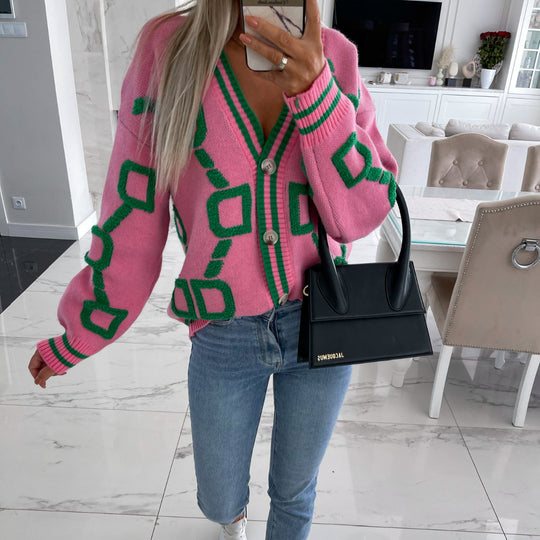 Damen Grobstrick-Cardigan mit 3D-Strukturmotiv, V‑Ausschnitt und Knopfleiste EB