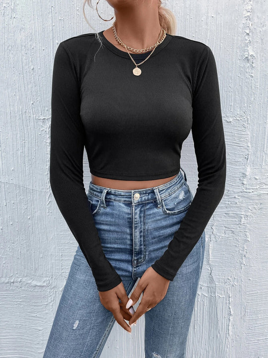 Damen figurnahes geripptes Crop-Longsleeve mit Rundhalsausschnitt und formstabiler Stretchfaser Eichborn Berlin