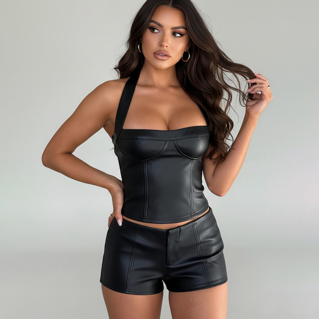 Damen Kunstleder Crop-Top mit romantischem Schnitt und verführerischem Bustier-Wirkung EB