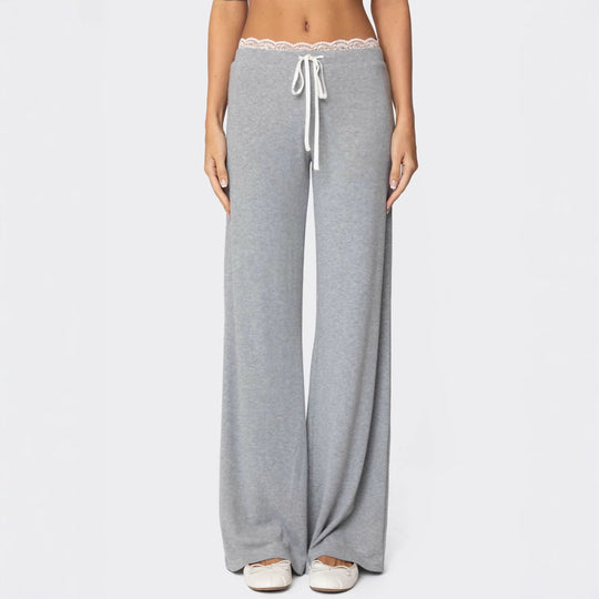 Damen Hellgraue Freizeithose mit elastischem Bund und dekorativem Spitzenabschluss EB