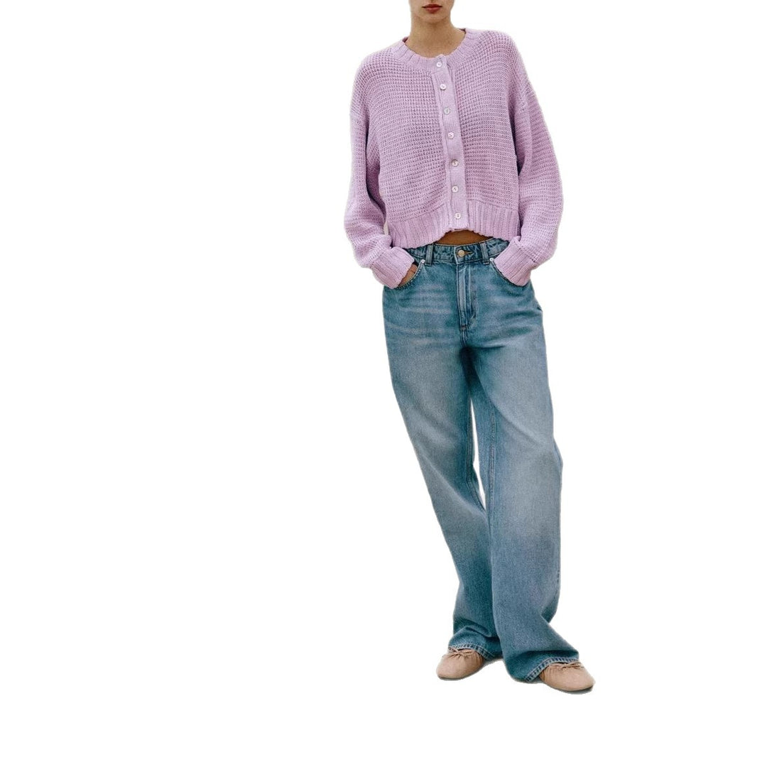 Damen Lockere Cropped-Strickjacke mit Knopfleiste und offener Struktur EB