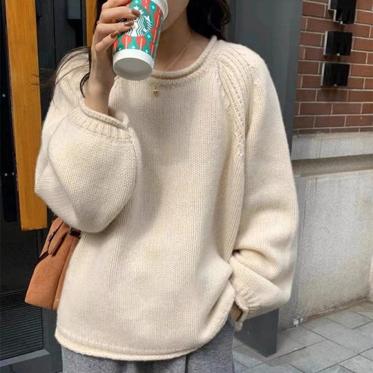 Damen gemütlicher Strickpullover mit lässigem Schnitt und luftigen Ärmeln EB