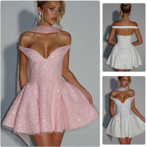 Damen Glamouröses Cocktailkleid mit schulterfreiem Design und funkelndem Paillettenbesatz EB