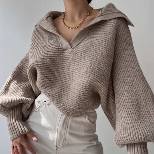 Damen nan Grobstrick-Pullover mit weitem Kragen und V-Ausschnitt EB