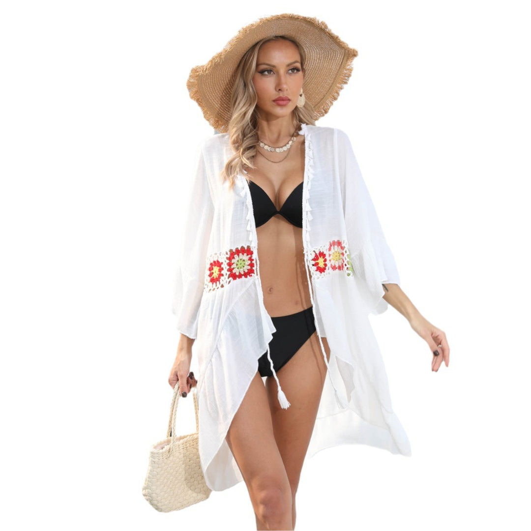 Damen eleganter Strandüberwurf mit floralem Häkelmuster EB