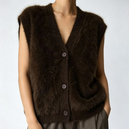 Damen Flauschige ärmellose Knopf‑Weste aus Mohairmix mit tiefem V-Ausschnitt EB
