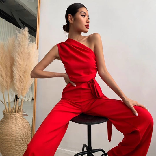 Damen One-Shoulder Jumpsuit mit weitem Bein EB