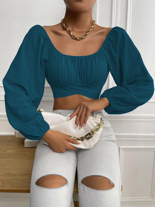 Damen Crop-Top mit Ballettärmeln und gerafftem Design EB