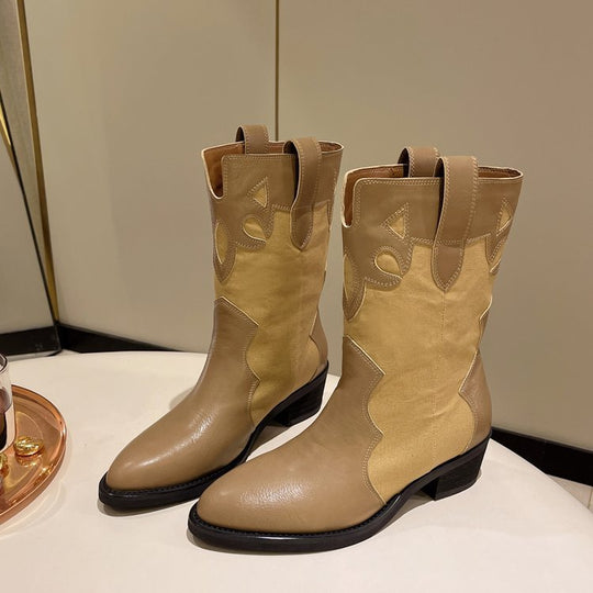 Damen Stiefeletten im Cowboy-Stil mit einzigartigem Design und kompaktem Absatz EB