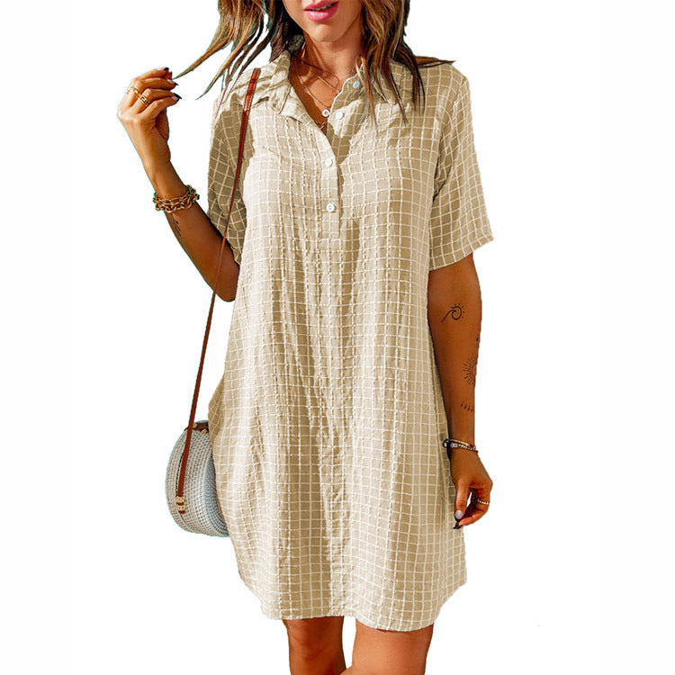 Damen entspanntes Kurzarmhemdkleid mit Knopfleiste EB