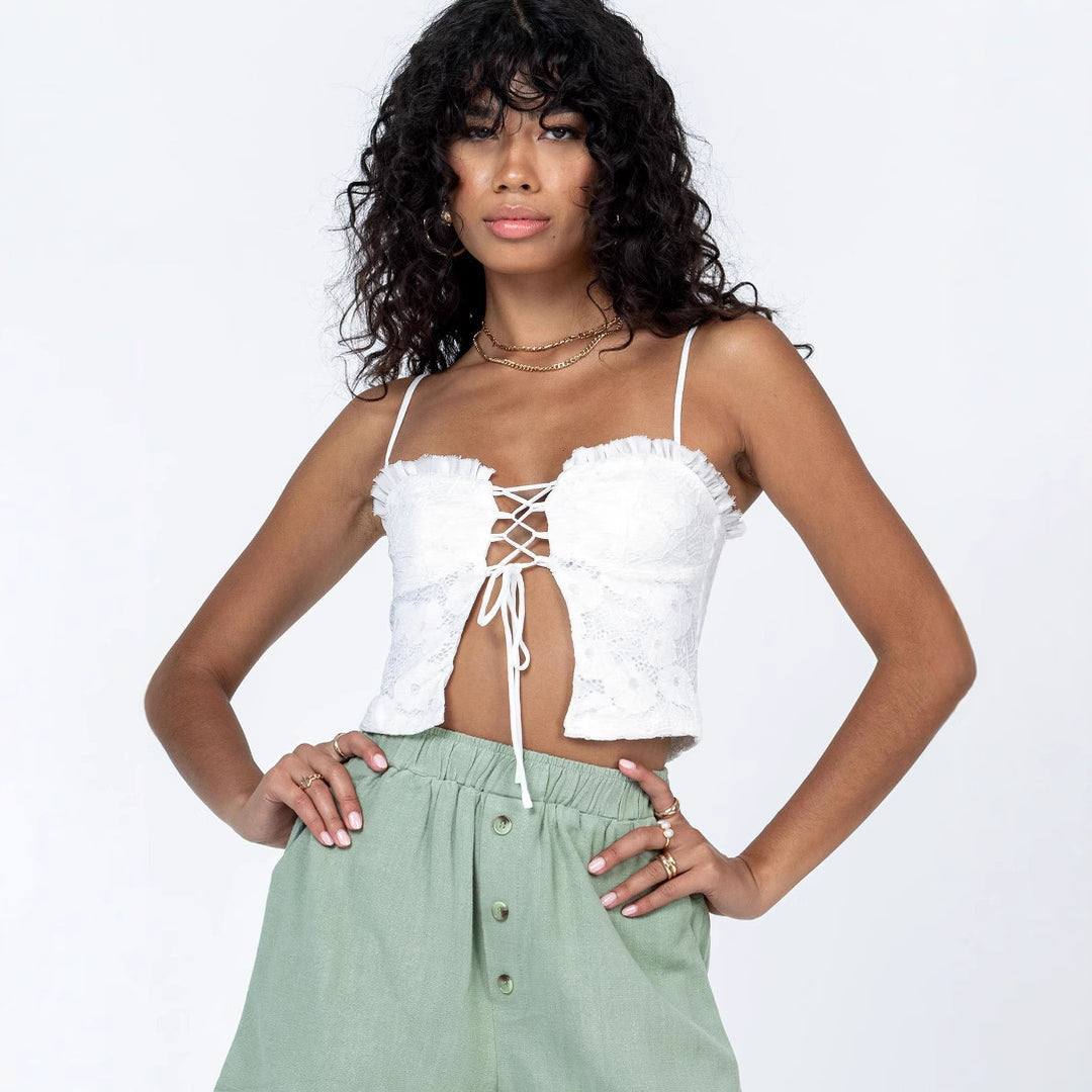 Damen Spitzen-Top mit Schnürung und Rüschendetail EB